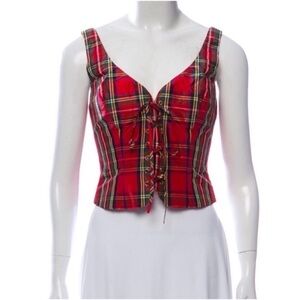 Moschino Couture Tartan Plaid Lace Up Silk Bustier Corset Top
